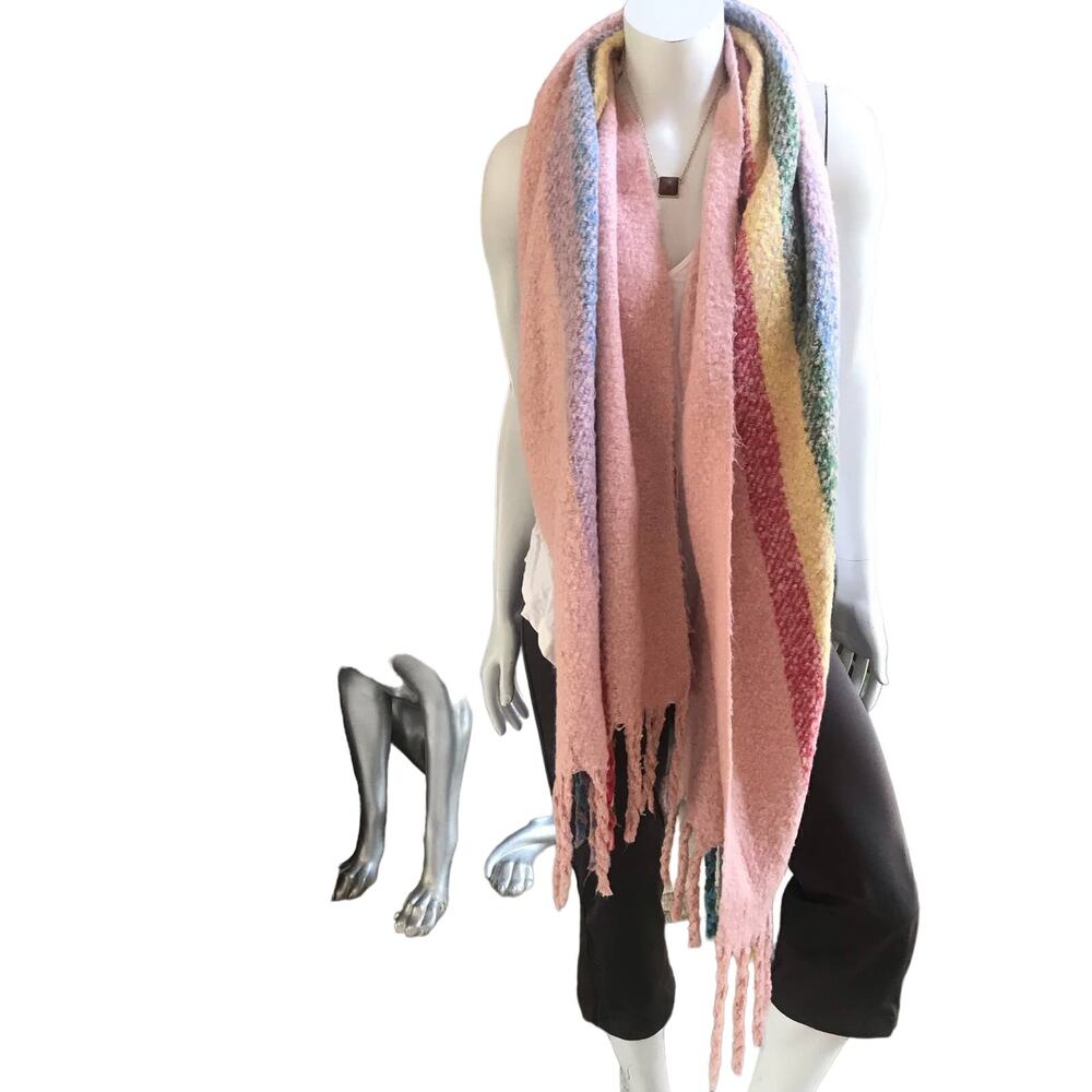 Tamsc Rainbow Stripe Pink Fringed Scarf
